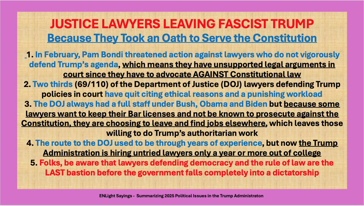enlightwritings's tweet photo. #ENLightSayings #TryingToSaveDemocracy #SummarizingFacts #USPolitics #TrumpAdministration #PresidentTrump #TruthVsLies #Republicans #JusticeDepartment #DOJLawyers #DOJLawyersQuitting #PamBondi #RouteToDOJ #ConstitutionVersusFascism #DemocracyVersusDictatorship #ethics https://t.co/9oOXis3bbz