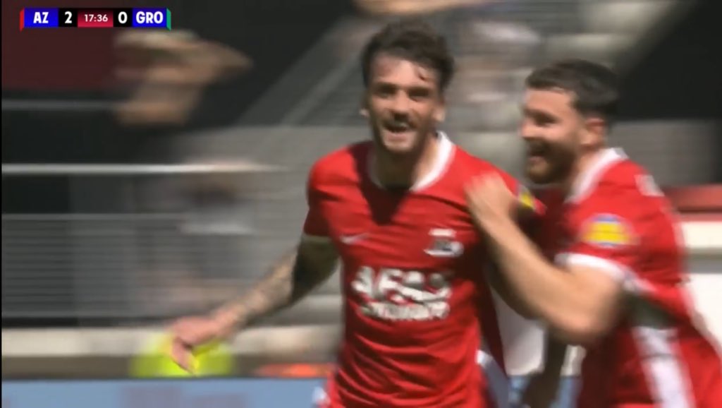 Troy Parrott scores from the spot, AZ 2-0 up on Groningen.