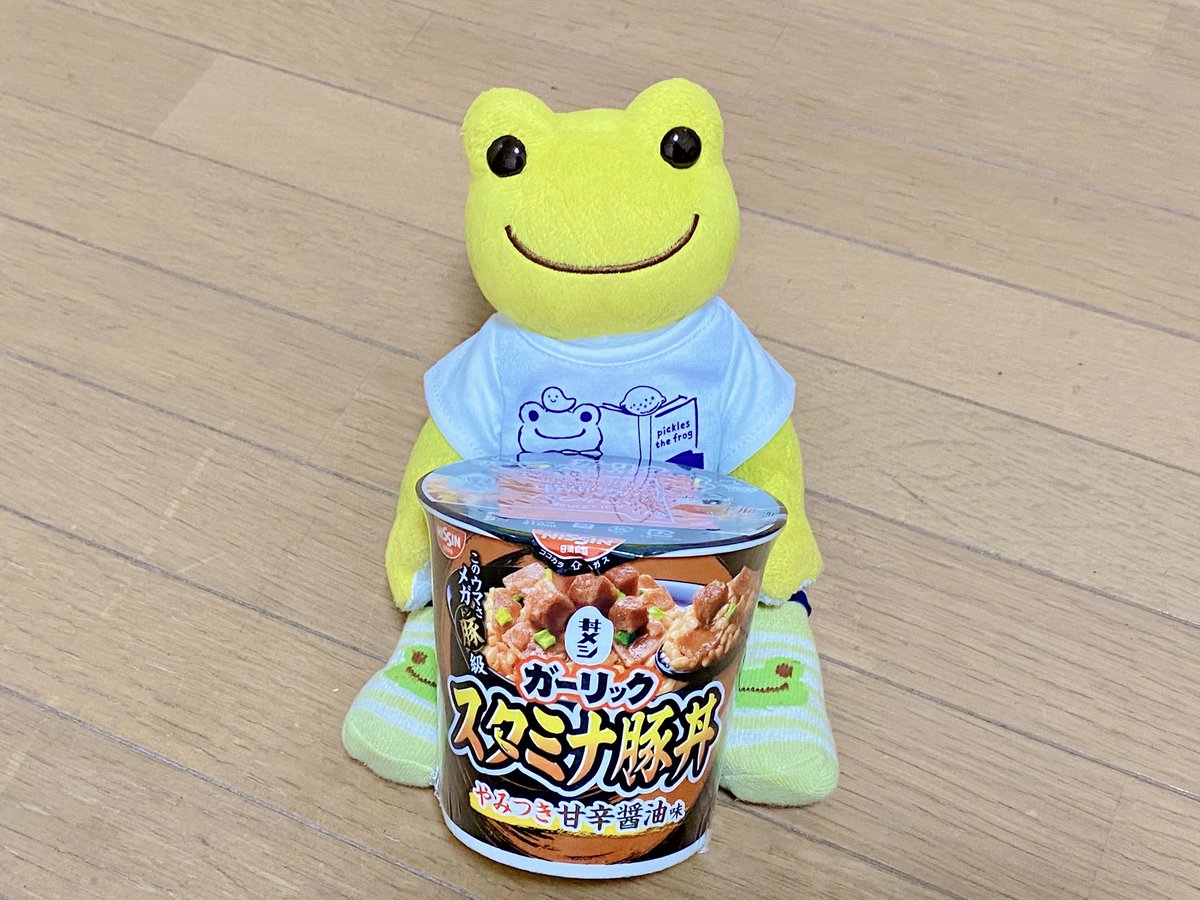 福岡は大雨洪水警報出てるので家でおとなしくしてたケロ🐸食料買いにスーパーに行ったら停電してたケロ🐸💦でも暗い中、袋に詰めた氷を沢山置いて営業してて助かったケロ🐸✨ガーリックスタミナ豚丼、結構ニンニク効いてる🧄 #かえるのピクルス