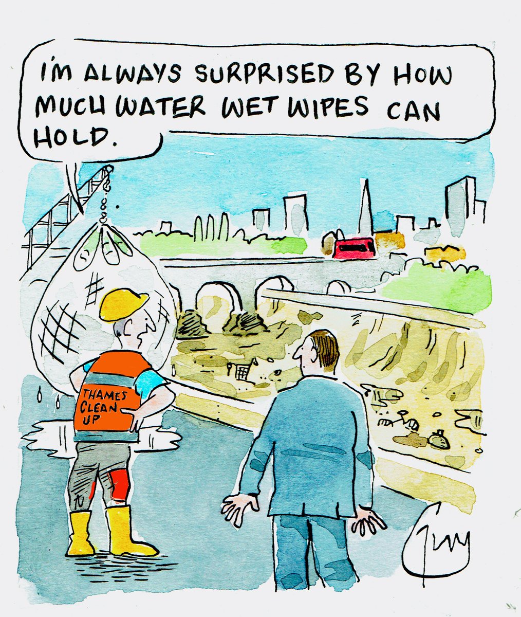 My cartoon for Monday's <a href="/MetroUK/">Metro</a> <a href="/MetroPicDesk/">Metro Picture Desk</a> #thames #wetwipes #water on the story about a clean up of all the wet wipes in the Thames.