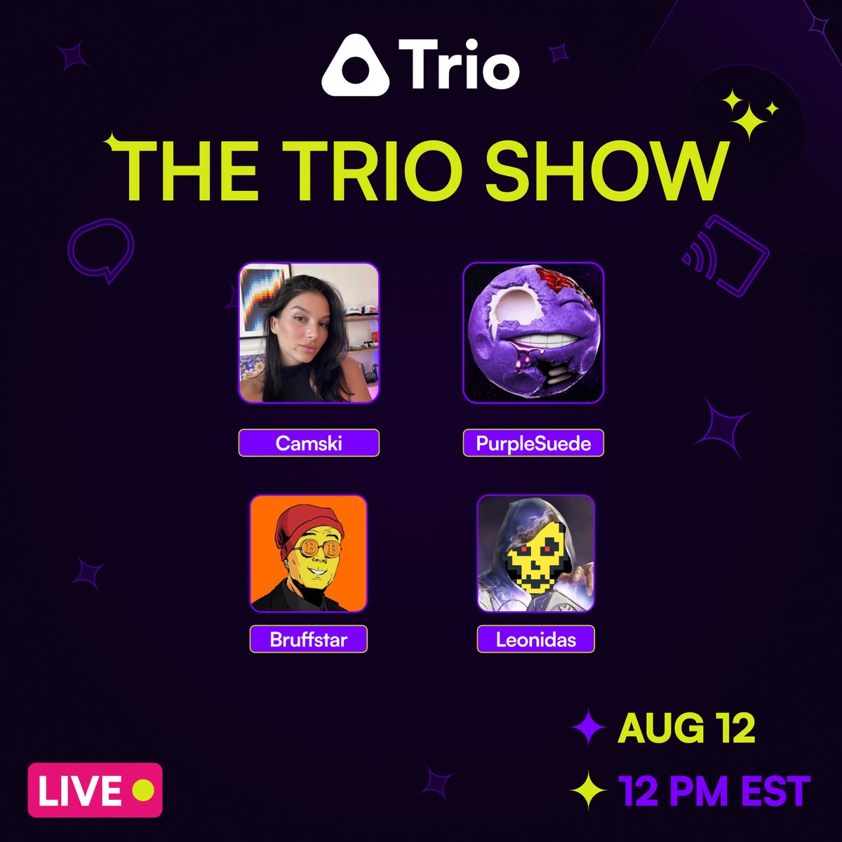 Trio (@trio_xyz) on Twitter photo โจ THE TRIO SHOW โจ
Let's talk about $DOG !!!
Join <a href="/camskiiii/">Camski</a> & <a href="/PurpleSuede22/">PurpleSuede22.BTC ๐๐งช</a> on stream TUESDAY @ 12 PM EST
Guest speakers: <a href="/bruffstar/">Bruffstar</a> & <a href="/LeonidasNFT/">Leonidas ๐งก $DOG</a> โจ THE TRIO SHOW โจ
Let's talk about $DOG !!!
Join <a href="/camskiiii/">Camski</a> & <a href="/PurpleSuede22/">PurpleSuede22.BTC ๐๐งช</a> on stream TUESDAY @ 12 PM EST
Guest speakers: <a href="/bruffstar/">Bruffstar</a> & <a href="/LeonidasNFT/">Leonidas ๐งก $DOG</a>
