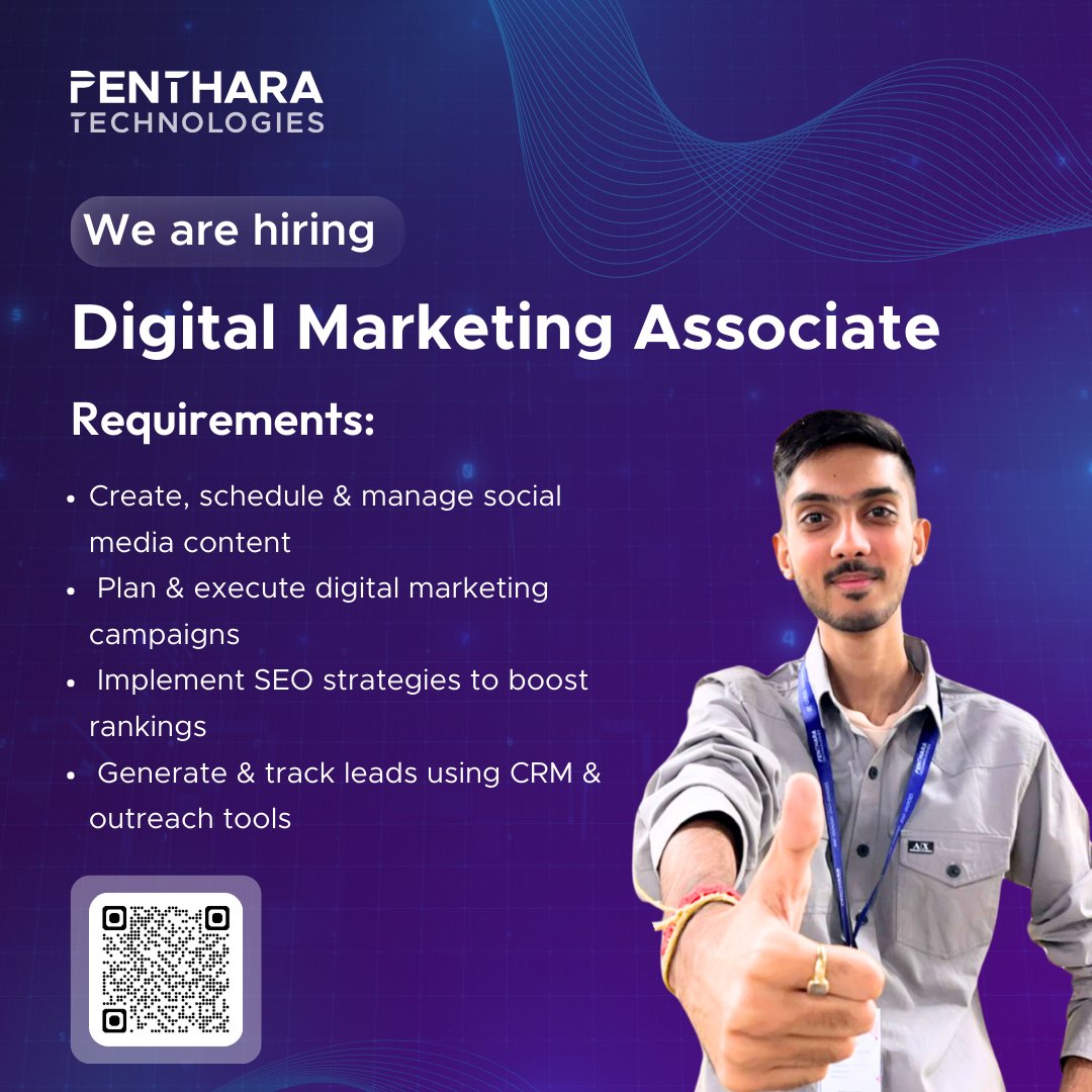 🚀 We're hiring a Digital Marketing Associate! Skilled in SEO, social media &amp; digital campaigns? Join Penthara Technologies &amp; make an impact. 

Apply now!careers.penthara.com

#PentharaGalaxy #PentharaTechnologies