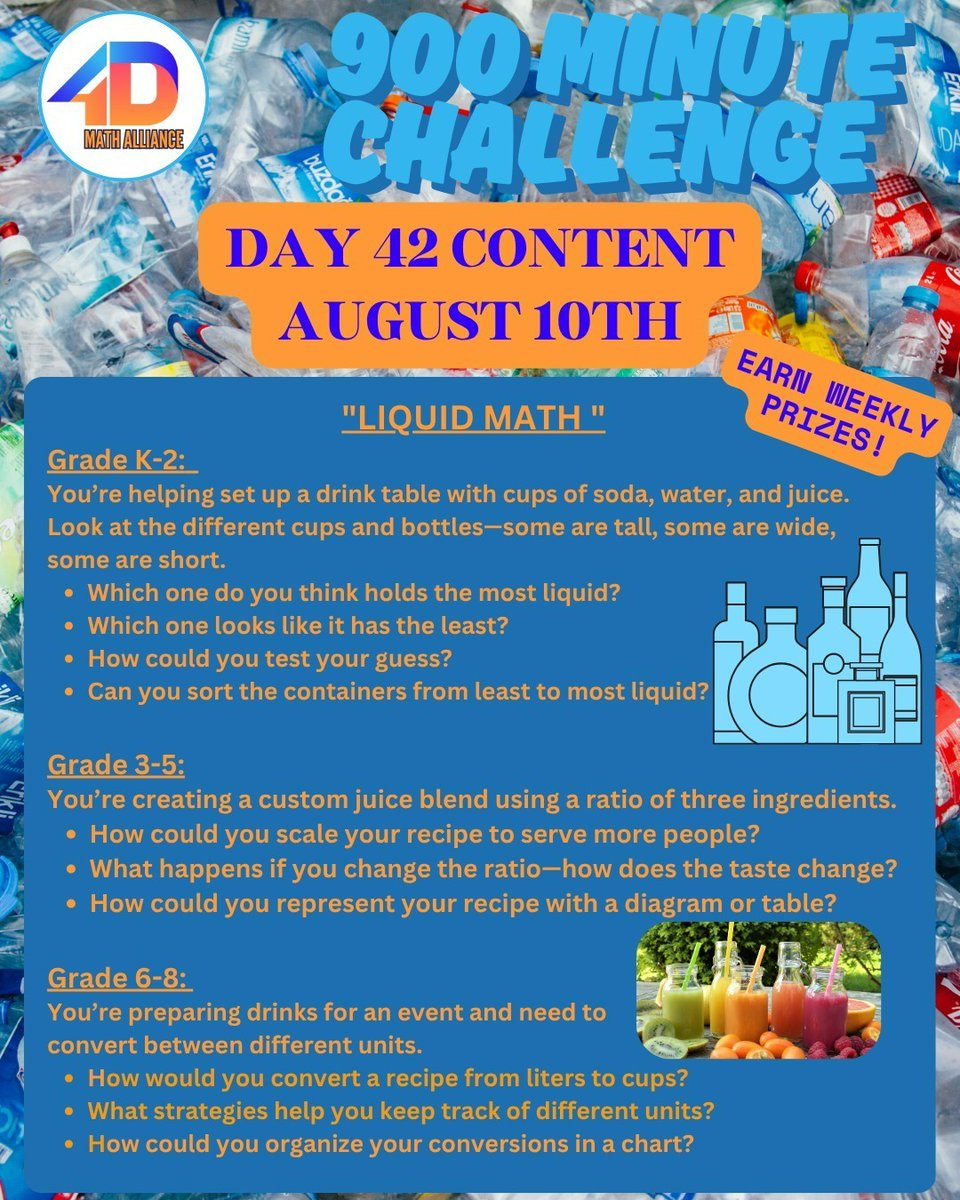 4D Math Alliance (@4dmath) on Twitter photo Day 42 of the #900MinChallenge explores all the #math found in something as simple as the #liquids we drink. Spatial reasoning, comparing, #ratios, & converting #unitsofmeasure are just a few of the ways we find #liquidmath Share your work by tagging us or email info@4dma.org Day 42 of the #900MinChallenge explores all the #math found in something as simple as the #liquids we drink. Spatial reasoning, comparing, #ratios, & converting #unitsofmeasure are just a few of the ways we find #liquidmath Share your work by tagging us or email info@4dma.org