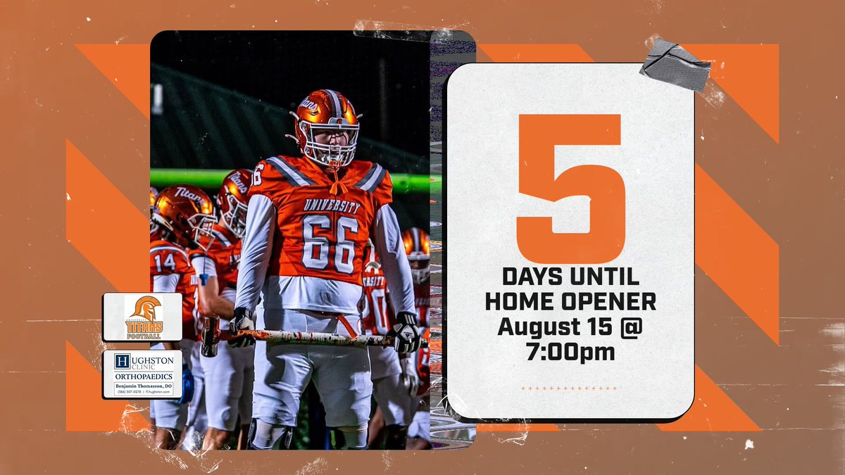 5 DAYS LEFT! The excitement is building for our home opener on August 15 @ 7:00 pm. Join us for an epic start to the football season. Let's show our team spirit, University!