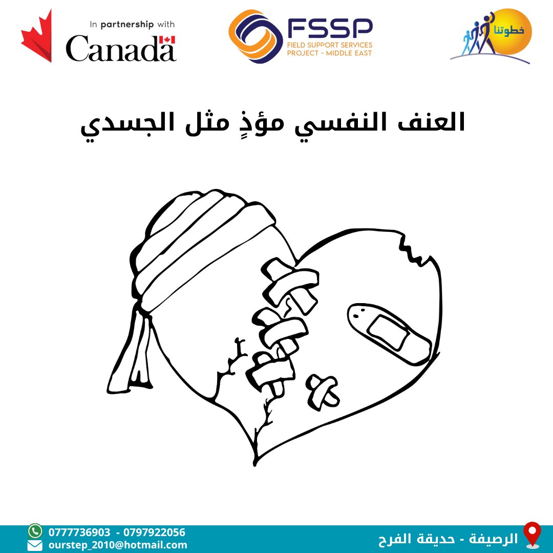 الكلمات الجارحة، الإهانة، والعزل لها آثار طويلة الأمد على الصحة النفسية.
"يتم تنفيذ هذا المشروع من قبل جمعية خطوتنا ضمن مشروع خدمات الدعم الميداني للشرق
الأوسط/ كووتر انترناشونال، وبتمويل من الشؤون الدولية الكندية"
#FSSP_ME |#canada | #GAC | #ourstep
#جمعية_خطوتنا| #لا_للتجاهل|