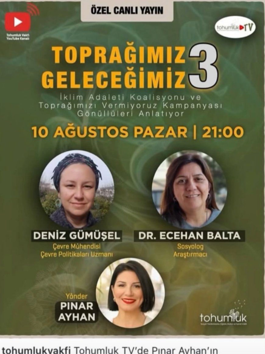Toprağımızı Vermiyoruz (@topraginiverme) on Twitter photo İklim yasası neler getiriyor?
İklim adaleti nedir, neden hayati önemde?
"Toprağımızı Vermiyoruz" mücadelesi hangi aşamada?
Hepsi ve daha fazlası, bu akşam Deniz Gümüşel ve Ecehan Balta'nın konuk olacağı <a href="/TohumlukV/">Tohumluk Vakfı</a> YouTube yayınında.
#ToprağımızıVermiyoruz
<a href="/gumus_den/">Deniz Gümüşel</a>
<a href="/ecehanb/">ecehan balta</a> İklim yasası neler getiriyor?
İklim adaleti nedir, neden hayati önemde?
"Toprağımızı Vermiyoruz" mücadelesi hangi aşamada?
Hepsi ve daha fazlası, bu akşam Deniz Gümüşel ve Ecehan Balta'nın konuk olacağı <a href="/TohumlukV/">Tohumluk Vakfı</a> YouTube yayınında.
#ToprağımızıVermiyoruz
<a href="/gumus_den/">Deniz Gümüşel</a>
<a href="/ecehanb/">ecehan balta</a>