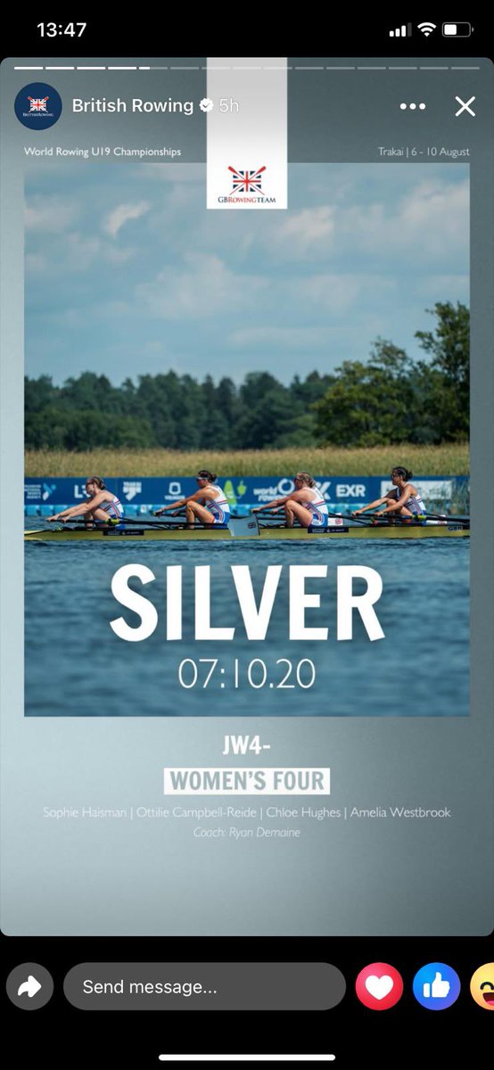 #PEDept: Huge Congratulations to C.Hughes who has won silver as part of the GB U19s Women’s Four at the World Championships.

🇺🇸- 🥇- 7.09
🇬🇧- 🥈- 7.10
🇮🇹- 🥉- 7.12

#WeAreBohuntWokingham