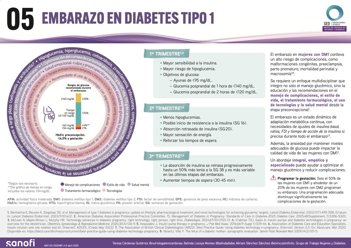 🔵 #MujeresyDiabetes | Infografía 5
Embarazo y #diabetestipo1

Una etapa en la que la planificación y el acompañamiento especializado son fundamentales.
💬 ¿Sabías que los requerimientos de insulina cambian en cada trimestre del embarazo?

Descubre esta nueva infografía del GT
