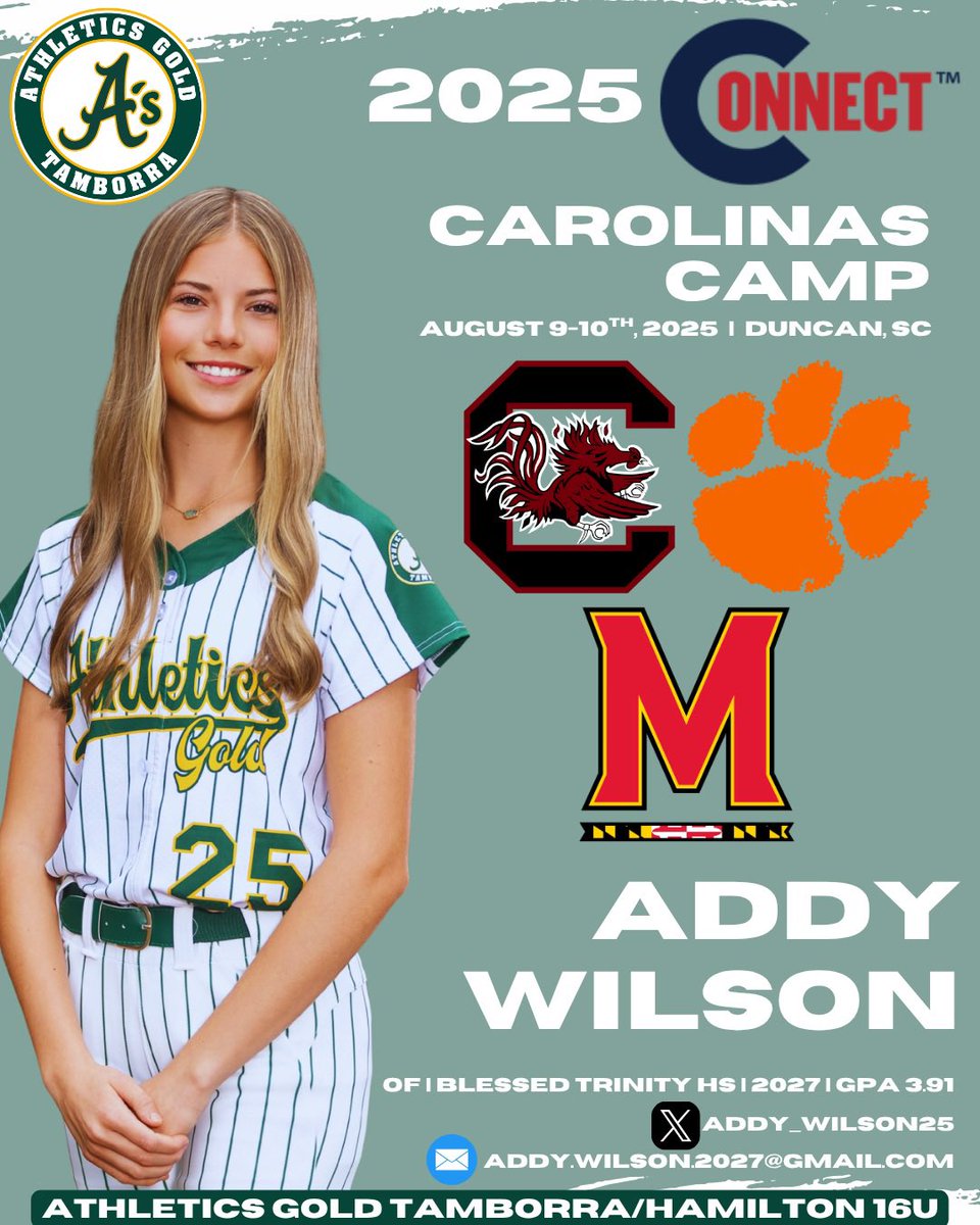 Athletics Gold Tamborra ‘09 (@athleticsgold09) on Twitter photo Our #25, <a href="/Addy_Wilson25/">Adelaide Wilson 2027</a>, had a blast at the Connect Carolinas Camp for Day #1 of sessions with <a href="/GamecockSoftbll/">South Carolina Softball</a>, <a href="/clemsonsoftball/">Clemson Softball 🥎</a> & <a href="/TerpsSoftball/">Maryland Softball</a>! She absolutely loved the great instruction, feedback and reps. Thank you coaches <a href="/ashleychastain/">Ashley Chastain Woodard</a> <a href="/KatieRBrowder/">Katie Rietkovich Browder</a> <a href="/jodydavidson/">Jody Davidson</a> Our #25, <a href="/Addy_Wilson25/">Adelaide Wilson 2027</a>, had a blast at the Connect Carolinas Camp for Day #1 of sessions with <a href="/GamecockSoftbll/">South Carolina Softball</a>, <a href="/clemsonsoftball/">Clemson Softball 🥎</a> & <a href="/TerpsSoftball/">Maryland Softball</a>! She absolutely loved the great instruction, feedback and reps. Thank you coaches <a href="/ashleychastain/">Ashley Chastain Woodard</a> <a href="/KatieRBrowder/">Katie Rietkovich Browder</a> <a href="/jodydavidson/">Jody Davidson</a>