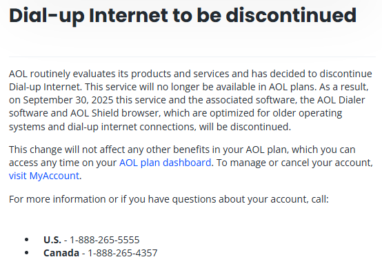 AOL is discontinuing dial-up service. SegaNet is about to get a bunch of new subscribers! 👍