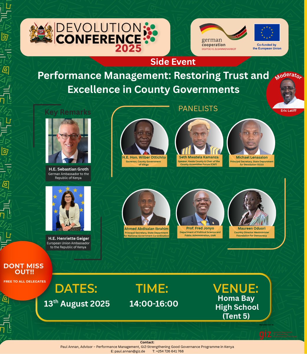 TENT 5
Session: Performance Management: Restoring Trust and Excellence in County Governments 

Convenor: GIZ <a href="/GermanyinKenya/">German Embassy Nairobi</a>