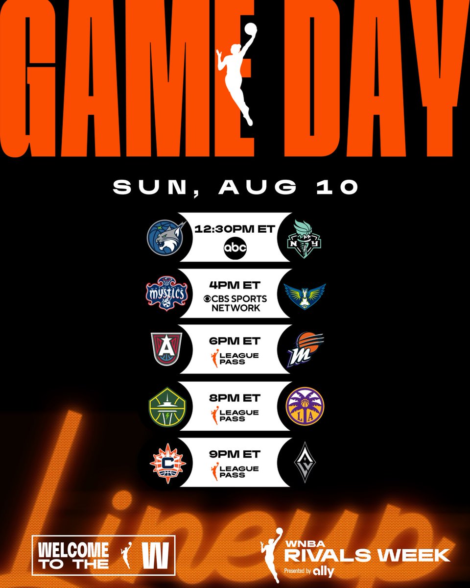 Five games. All day. Let’s hoop. 🏀

▪️ MIN vs. NYL — 12:30pm/ET on ABC
▪️ WAS vs. DAL — 4pm/ET on CBS Sports Network
▪️ ATL vs. PHX — 6pm/ET on League Pass
▪️ SEA vs. LAS — 8pm/ET on League Pass
▪️ CON vs. LVA — 9pm/ET on League Pass

WNBA Rivals Week | @ally