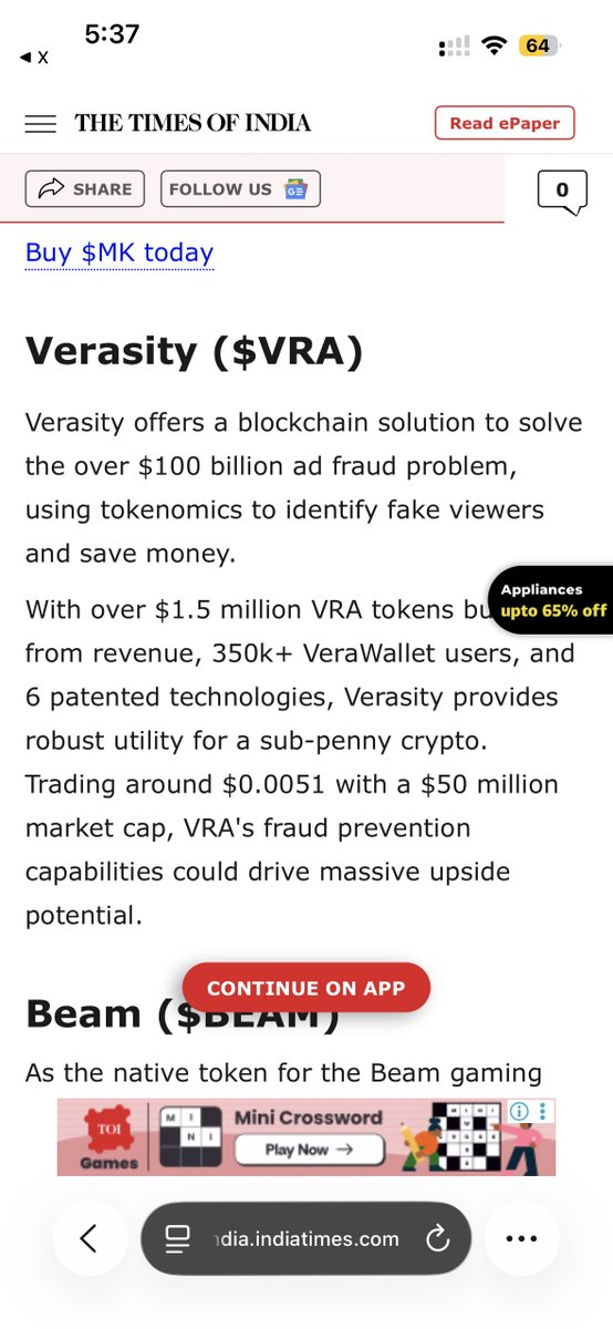 Prithvik Aniketh (@anikethprithvik) on Twitter photo I just found out that The Times of India, the nation’s largest publication, featured Verasity <a href="/verasitytech/">Verasity (2025 ⏩)</a> $VRA in its “Top 5 cryptos under $1 that could do 100x by 2025” A massive validation for the project’s potential.
• With ~119 million crypto owners in 2024, Indians make I just found out that The Times of India, the nation’s largest publication, featured Verasity <a href="/verasitytech/">Verasity (2025 ⏩)</a> $VRA in its “Top 5 cryptos under $1 that could do 100x by 2025” A massive validation for the project’s potential.
• With ~119 million crypto owners in 2024, Indians make