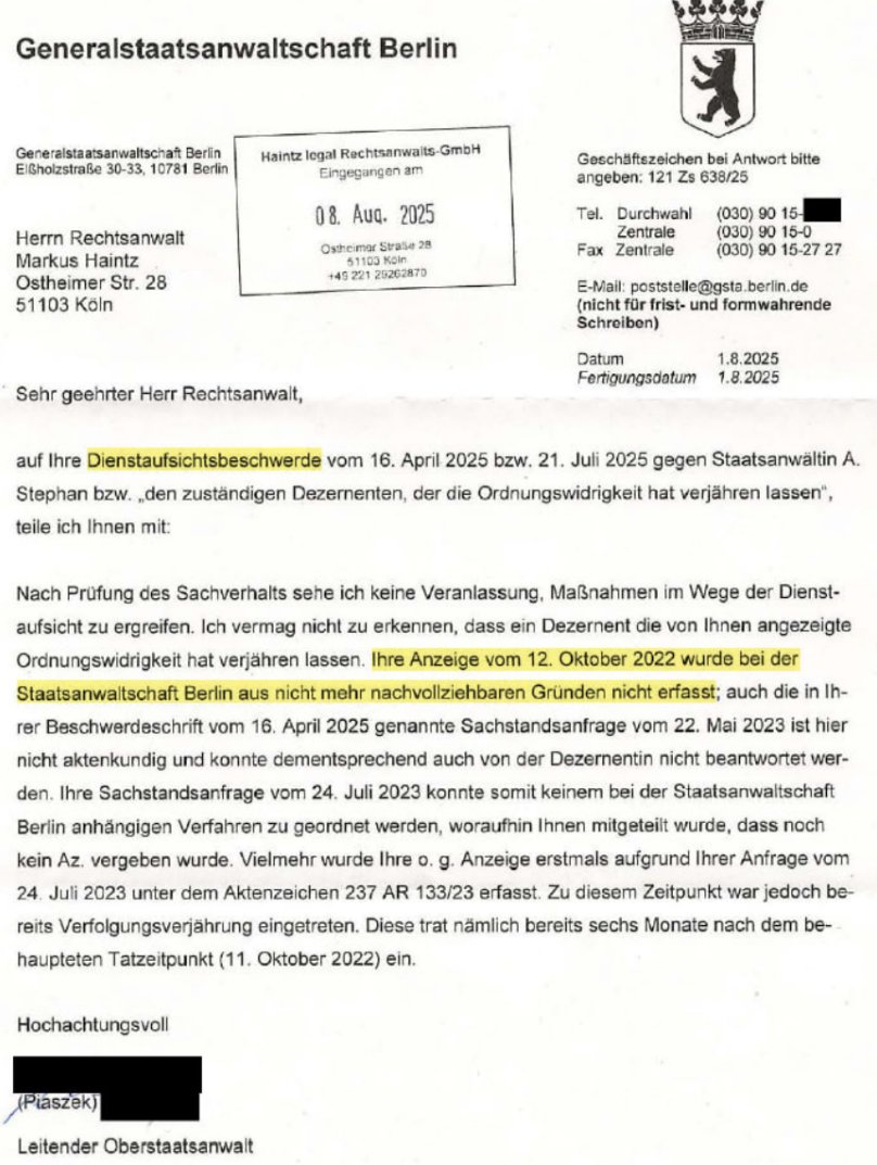 Der Leitende Oberstaatsanwalt der Generalstaatsanwaltschaft Berlin, Piaszek, teilt mit, dass aufgrund meiner Dienstaufsichtsbeschwerde keine Schritte eingeleitet werden, da meine Ordnungswidrigkeitenanzeige gegen den „maskenlosen“ Bundespräsidenten Frank-Walter Steinmeier aus