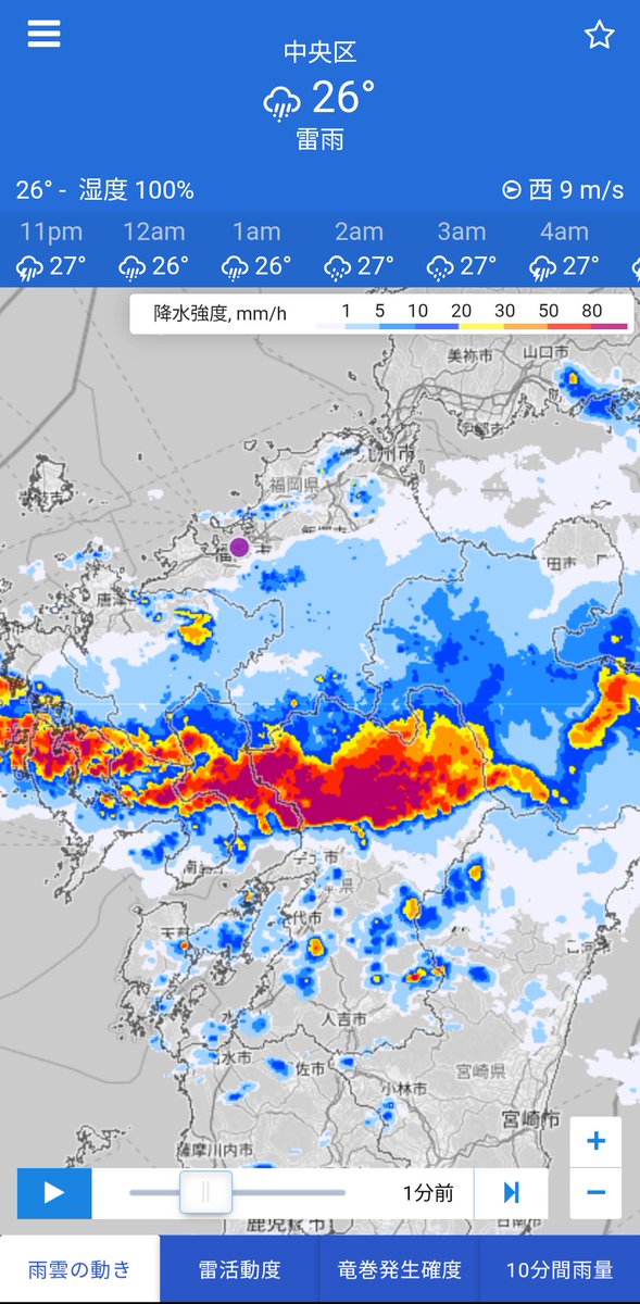 【熊本に線状降水帯発生】九州北部にかかっていた活発な雨雲が南下しています。雲は流れてはいても次から次にやってきています。

このまま南下すると、すでに災害級の大雨の降った鹿児島·宮崎にかかってきます。

僕は気象庁の雨雲レーダーを使っていますが、雨雲予報を確認するようにしてください。