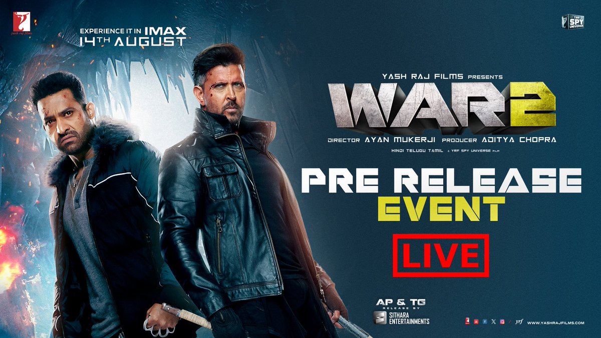 Sithara Entertainments (@sitharaents) on Twitter photo The Man of Masses.
The Greek God.
One epic night unfolding NOW! 🔥🔥
#WAR2 fever takes over Hyderabad! 🔥
Watch the Grand Pre-Release Event LIVE now — youtube.com/live/tbFmf-zXh…
<a href="/tarak9999/">Jr NTR</a> <a href="/iHrithik/">Hrithik Roshan</a> <a href="/advani_kiara/">Kiara Advani</a> #AyanMukerji <a href="/yrf/">Yash Raj Films</a>
AP & TG Release by <a href="/SitharaEnts/">Sithara Entertainments</a> The Man of Masses.
The Greek God.
One epic night unfolding NOW! 🔥🔥
#WAR2 fever takes over Hyderabad! 🔥
Watch the Grand Pre-Release Event LIVE now — youtube.com/live/tbFmf-zXh…
<a href="/tarak9999/">Jr NTR</a> <a href="/iHrithik/">Hrithik Roshan</a> <a href="/advani_kiara/">Kiara Advani</a> #AyanMukerji <a href="/yrf/">Yash Raj Films</a>
AP & TG Release by <a href="/SitharaEnts/">Sithara Entertainments</a>