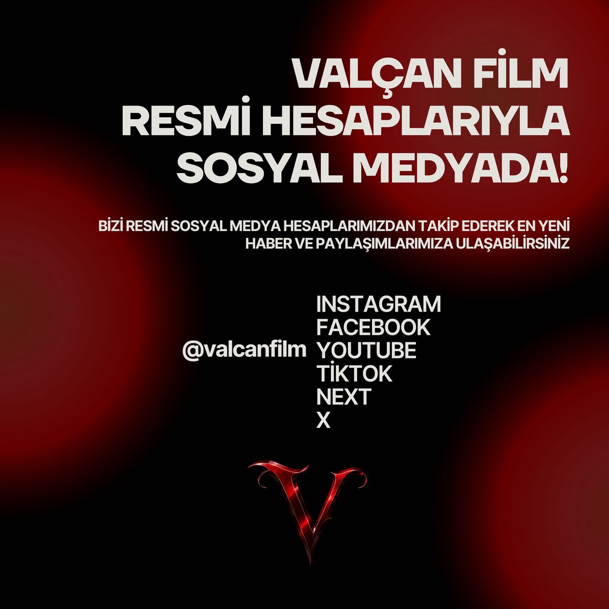 🎬 Valçan Film artık tüm resmi hesaplarıyla sosyal medyada!
En yeni haberler, fragmanlar, kamera arkası görüntüler ve daha fazlası için bizi takip et: @valcanfilm

📍 Instagram | Facebook | YouTube | TikTok | Next | X