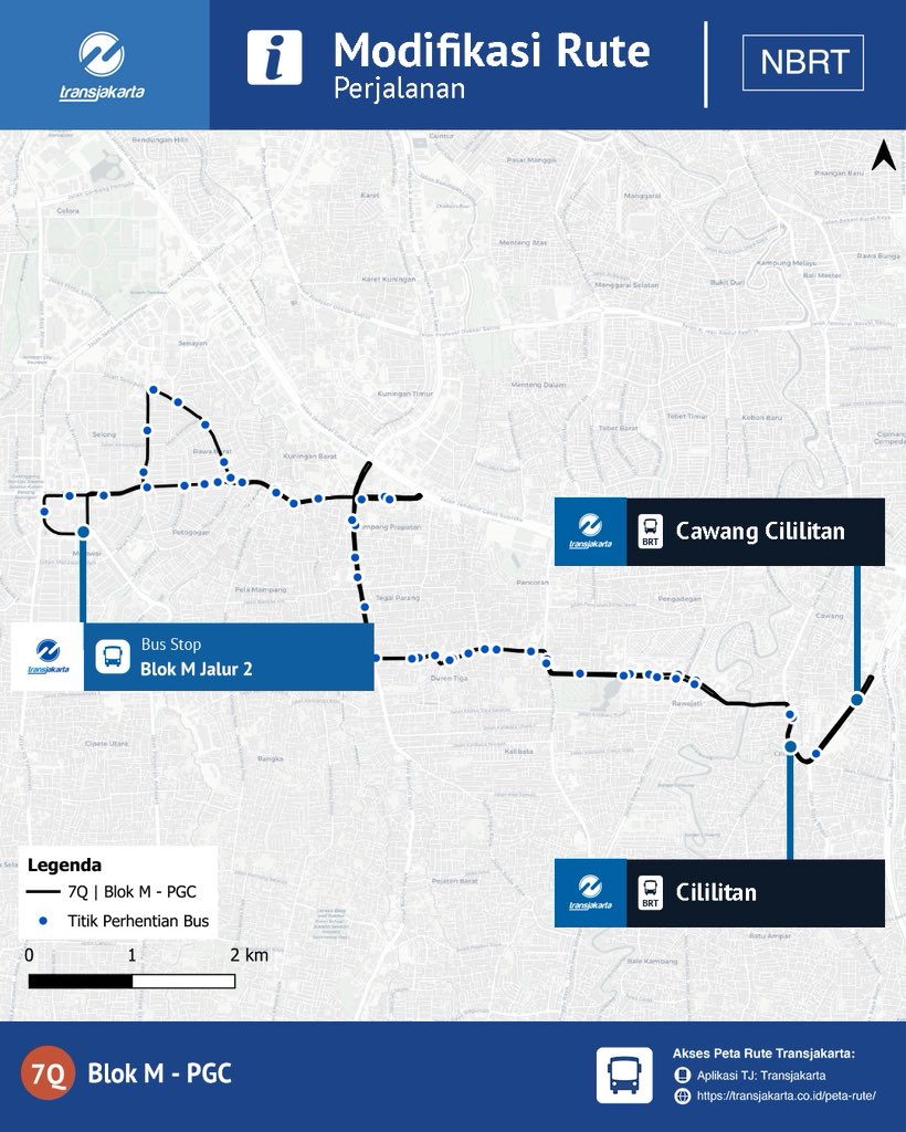 PT_Transjakarta's tweet photo. Sahabat TiJe, mulai Selasa, 12 Agustus 2025, Transjakarta akan melakukan modifikasi pada rute 7Q: Blok M - PGC. Layanan Transjakarta rute 7Q ini akan melayani Halte Cililitan dan Cawang Cililitan.

Lihat titik pemberhentian terkini pada gambar di bawah ini dan jangan lupa unduh aplikasi TJ: Transjakarta untuk memudahkan perjalananmu bersama layanan Transjakarta.

Ayo naik Transjakarta!