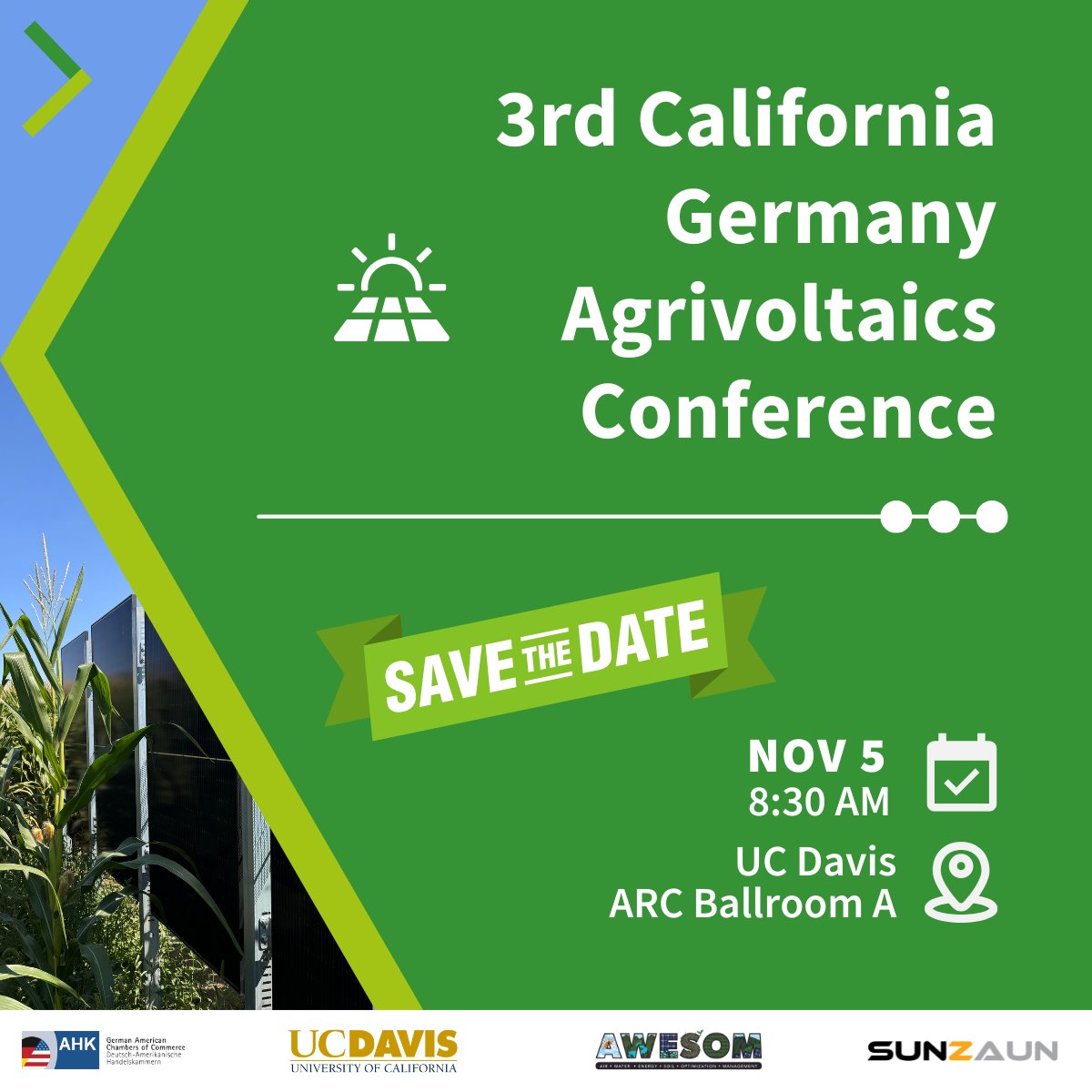 Explore the synergy of #farming and #photovoltaics at this pivotal conference. Dive into optimized agrivoltaic systems, real-life project insights, and smart grid integrations for sustainable growth. 

Nov 5, 2025
UC Davis, ARC Ballroom A

Register: eventbrite.com/e/3rd-californ…