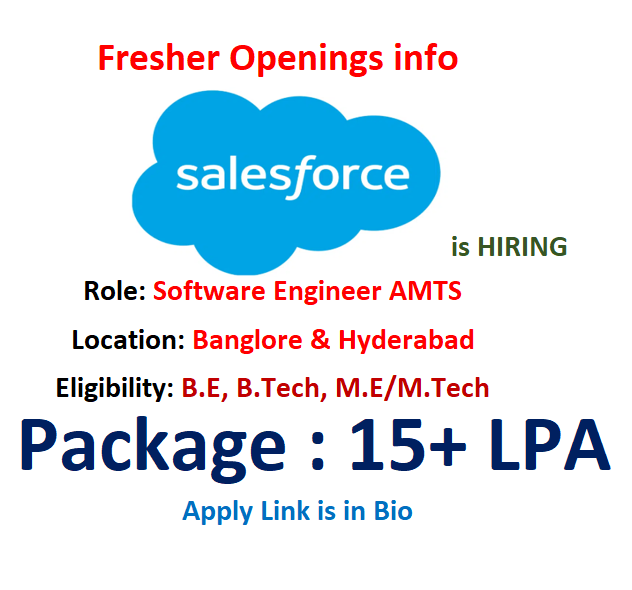Salesforce is hiring #Freshers for #Software Engineer AMTS

Location: Hyderabad &amp; Banglore

Eligibility:
- B.E/B.Tech graduating in 2026 with ​7 CGPA &amp; above with no backlogs
- Strong analytical &amp; problem-solving skills

Link: salesforce.wd12.myworkdayjobs.com/External_Caree…

#Salesforce