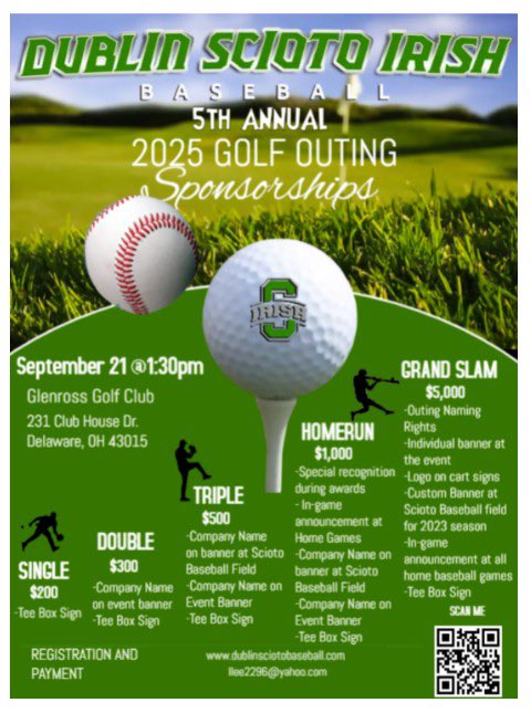 The 5️⃣th annual Dublin Scioto Baseball Golf Outing is quickly approaching⛳️🏌️‍♂️
📆September 21st
⏰1:30pm 
📍Glenross Golf Club 
⚾️For hole sponsorships and golfer registration see the link below👇
(dublinsciotobaseball.com/registration)