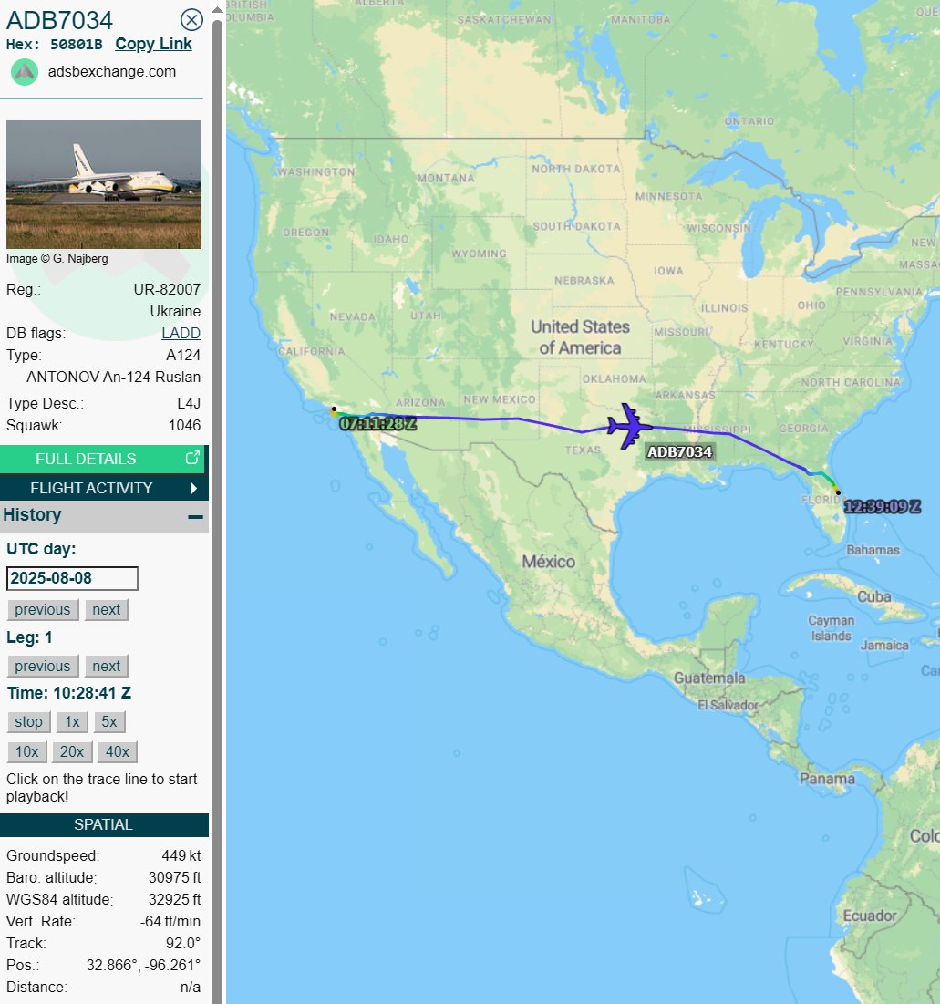 Antonov Airlines Antonov An-124 UR-82007 spotted over the Netherlands as ferry flight #ADB734F, ferrying back to Leipzig following a Los Angeles - Kennedy Space Center flight on 08 Aug 2025.

#NLspot
