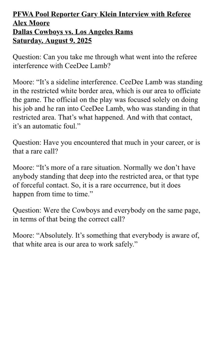 RapSheet's tweet image. Here is the pool report from last night, detailing the rather odd penalty against #Cowboys WR CeeDee Lamb (via @LATimesklein)