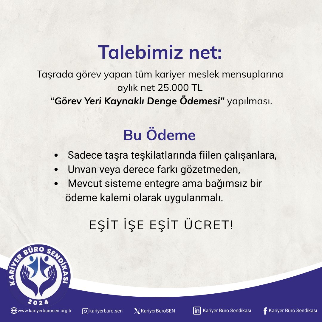 Kariyer Büro-SEN (@kariyerburosen) on Twitter photo MERKEZ – TAŞRA MAAŞ ADALETSİZLİĞİNE SON!
Eşit işe eşit ücret istiyoruz!
Merkezde ve taşrada aynı işi yapan kariyer meslek mensupları arasında 25.000 TL’ye varan maaş farkı var.
Taşrada görev yapan uzmanlarımız; ulaşım, barınma, yemek ve zorlu çalışma koşullarıyla mücadele MERKEZ – TAŞRA MAAŞ ADALETSİZLİĞİNE SON!
Eşit işe eşit ücret istiyoruz!
Merkezde ve taşrada aynı işi yapan kariyer meslek mensupları arasında 25.000 TL’ye varan maaş farkı var.
Taşrada görev yapan uzmanlarımız; ulaşım, barınma, yemek ve zorlu çalışma koşullarıyla mücadele