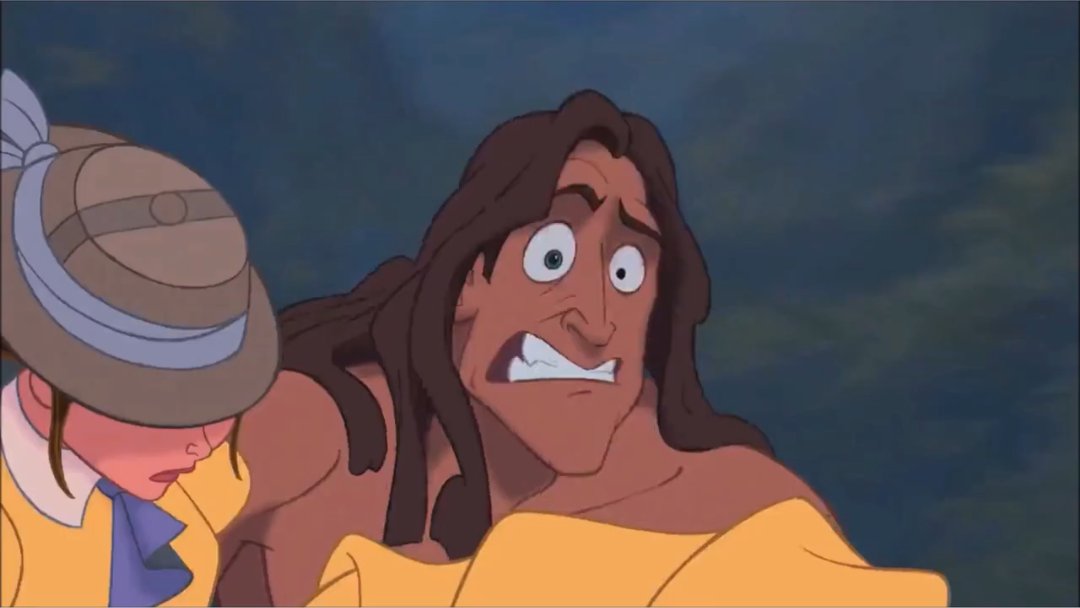How many times have I seen Tarzan since childhood and only NOW do I notice that bro drops into the splits to save Jane here, hence the look of pain in the next frame