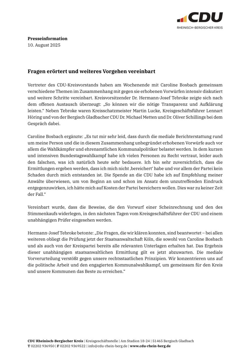 Eil: CDU Rhein-Berg veröffentlicht Statement nach Geheim-Meeting mit Caroline Bosbach. 

Jetzt will man zeitnah entlastende Beweise sichten und auf die Staatsanwaltschaft warten.