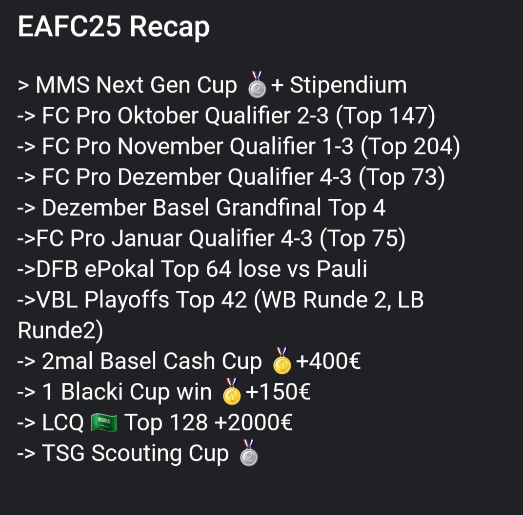 EAFC25 Recap✅️
Spielerisch bin ich dieses Jahr sehr zufrieden gewesen konnte leider nicht ganz das Maximum in den Qualifier rausholen bin aber trotzdem Stolz auf die Leistung und Hochmotiviert mit 100% in FC26 wieder reinzugehen🫡
