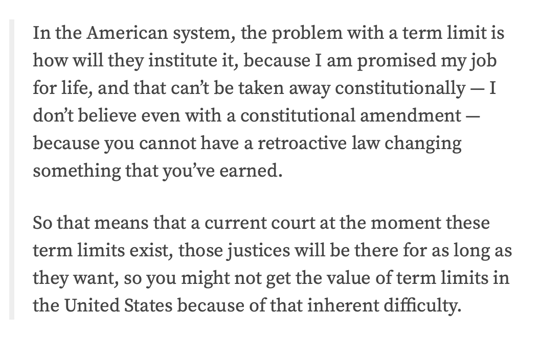 Dan Epps (@danepps) on Twitter photo Justice Sotomayor thinks that Justices have "earned" their seats, so even a constitutional amendment can't limit their tenure. Justiceships are guaranteed by pre-constitutional meta-due process?
Surprisingly dumb view...
(via <a href="/RickPildes/">Rick Pildes</a>)
electionlawblog.org/?p=151478 Justice Sotomayor thinks that Justices have "earned" their seats, so even a constitutional amendment can't limit their tenure. Justiceships are guaranteed by pre-constitutional meta-due process?
Surprisingly dumb view...
(via <a href="/RickPildes/">Rick Pildes</a>)
electionlawblog.org/?p=151478
