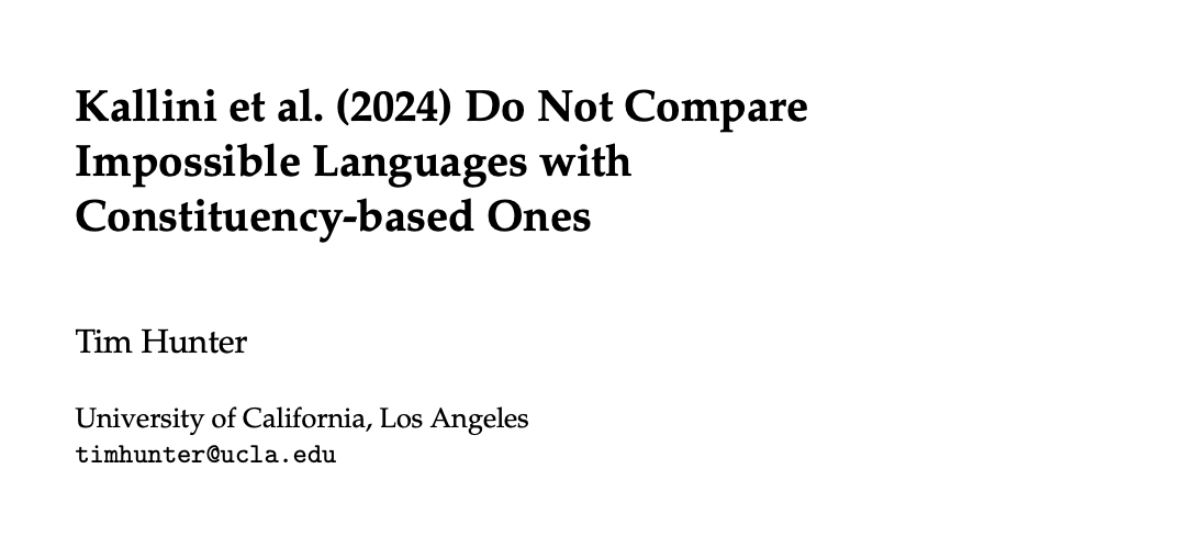 CompLingJournal's tweet image. Can LLMs learn possible human languages but struggle with impossible ones?

Kallini et al. claimed evidence, but Hunter argues their key experiment conflates factors — the core question remains open.

📄 Read the article in Computational Linguistics: direct.mit.edu/coli/article/5…
