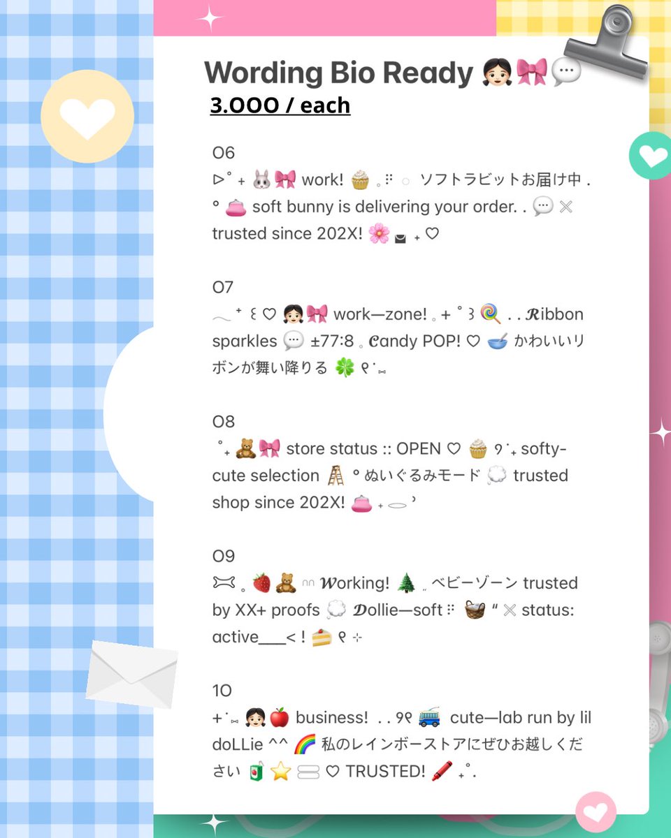 kyeomieyo's tweet image. please help repost, thanku! 💭

ꔫ  ⊹  ݊  👧🏻🎀 aurora membawa 1O wording bio for BA ready stock 🍭 mari bungkus sekarang dengan harga start 3.OOO / each🥣 ^___^ cek ALT &amp;amp; sung bungkus ke dm yuk~ 🍀 ₊˚

#zonauang 
rs biography