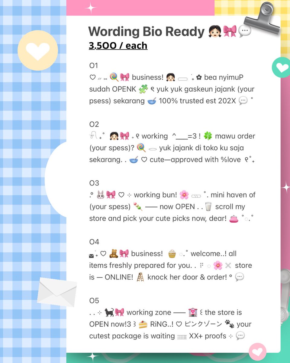 kyeomieyo's tweet image. please help repost, thanku! 💭

ꔫ  ⊹  ݊  👧🏻🎀 aurora membawa 1O wording bio for BA ready stock 🍭 mari bungkus sekarang dengan harga start 3.OOO / each🥣 ^___^ cek ALT &amp;amp; sung bungkus ke dm yuk~ 🍀 ₊˚

#zonauang 
rs biography