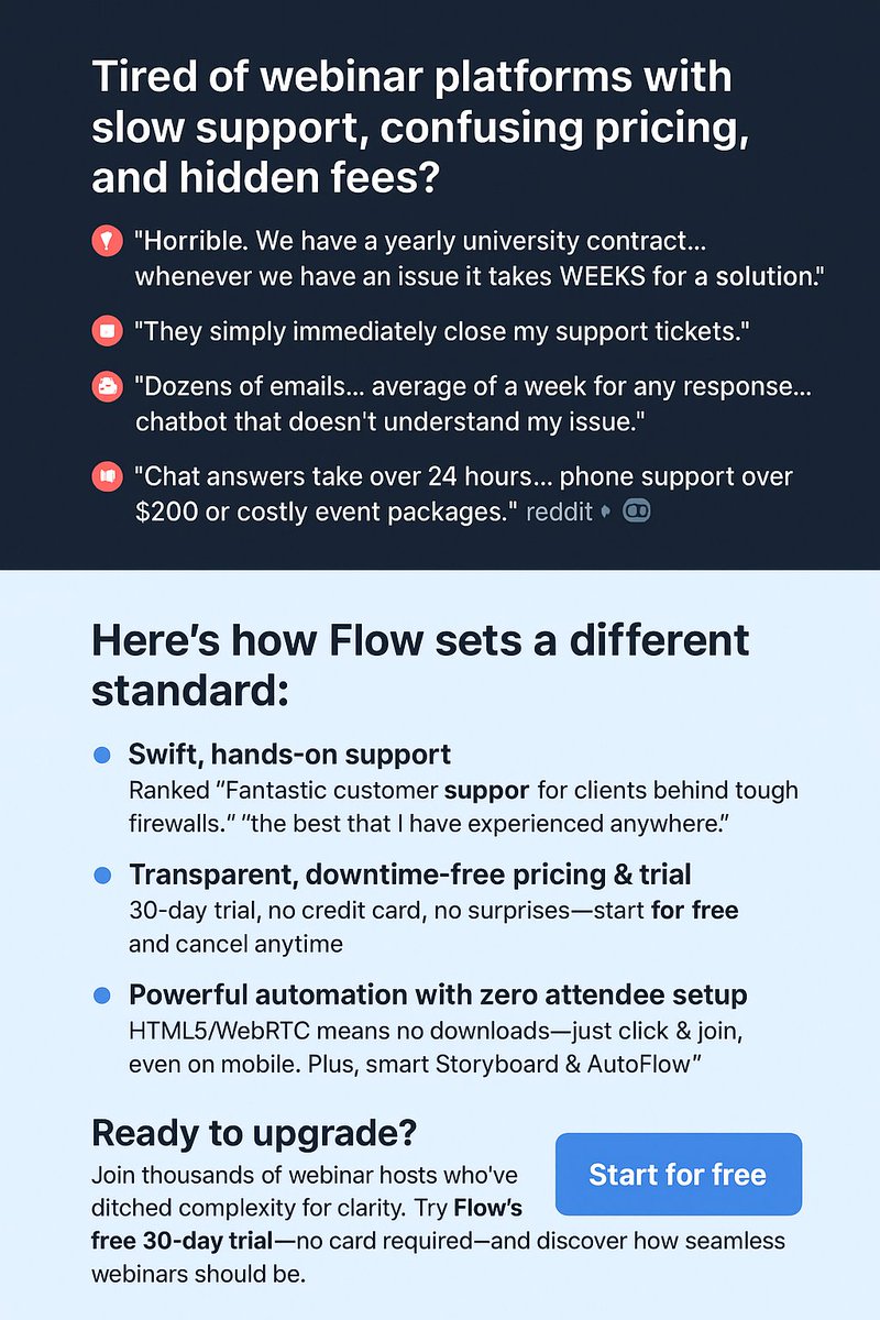 Tired of webinar platforms with slow support, ticket closures, neglect, confusing pricing, and hidden fees? You're not alone:
------------------------------------------------------------
Here are few reviews for the current webinar/meeting platforms with bigger names