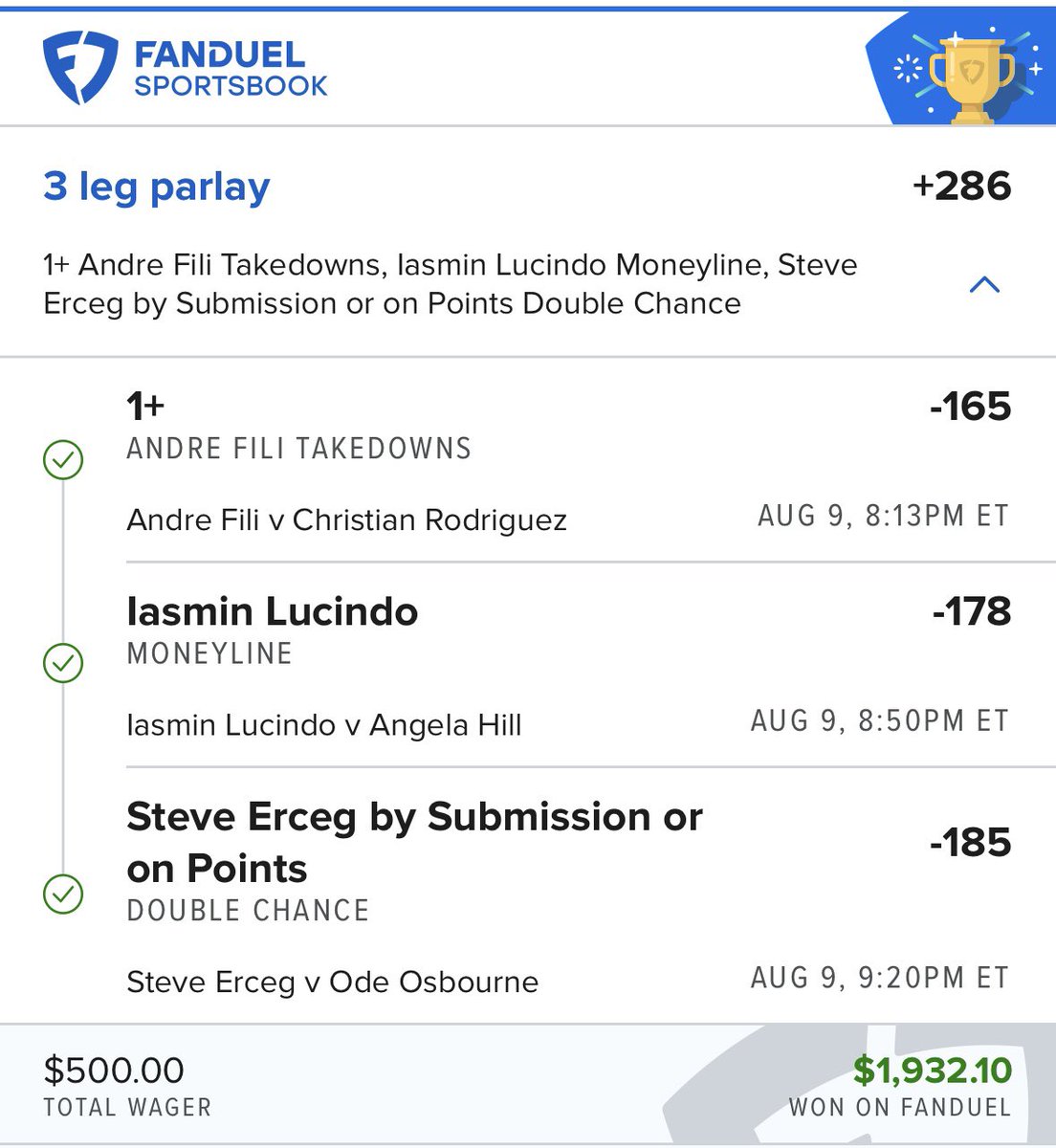 Went down about a unit or so for #UFCVegas109 

Went 1/3 on plus money parlays 

Fluffy is that dude

We have Contender series on Tuesday followed by #UFC319