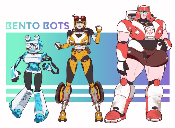 Introducing the Bento Box! I mean-- Bento Bots! An Autobot research team led by Honey Butter along with tech specialist: Marble Soda, and transport specialist: Kimchi Fried Rice [ #art #oc #transformers #transformersoc #maccadam ]