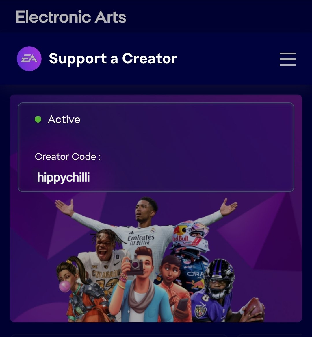 ✨ My EA Creator Code is live!  ✨        

ea.com 🕹️ Select Battle Pass, Apex Coins (Or any EA game!) 🕹️ Press "apply promo code" and enter "hippychilli" and thanks for your support!!

 Big thanks, <a href="/EA/">Electronic Arts</a>, for making creator codes happen!  
 💜

#EAPartner