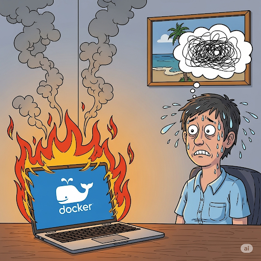 sirrisevim's tweet photo. Installing Docker on my laptop for "light use" was  a mistake. My CPU is overloaded, the fan is now louder than a jet engine, and I've officially turned my powerful machine into a space heater. #devlife #docker https://t.co/ikMApZFy13