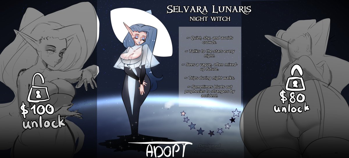 If you've ever wanted to be the owner of a mysterious and charming witch, now's your chance!

Bidding here ych.commishes.com/auction/show/4…

and I would be very grateful for a repost🫣

#adopt #adoptable #auction #witch #fantasy #sexy #pinup