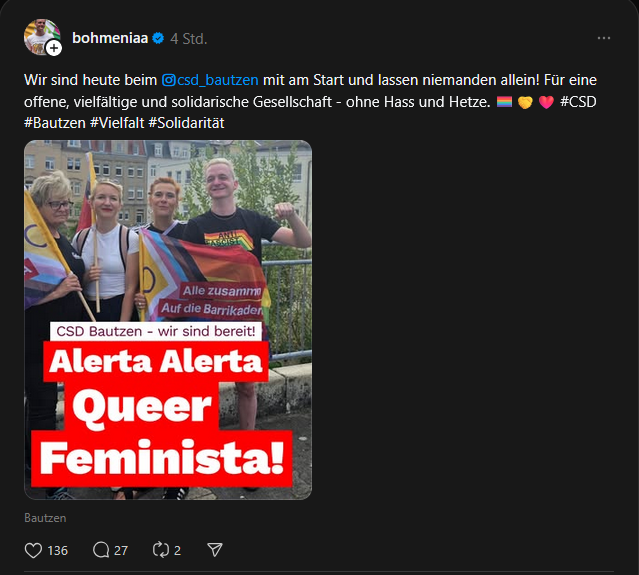 Vielleicht sollten diese schönen bunten Menschen einfach mal aus dem hiesigen Flüchtlingheim ein paar vielfältige junge Männer mit zum CSD nehmen und deren Toleranzschwelle testen.
Mich würde das zu sehr interessieren. 🤡