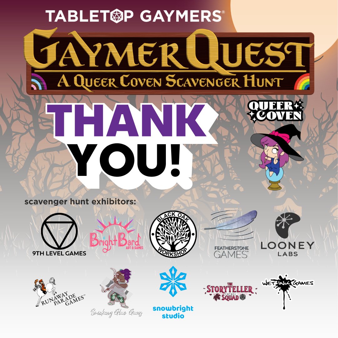Thank you, <a href="/9thLevelGames/">9th Level Games</a>, @BlackOakWorkshop, @BrightBardGames, @FeatherstoneGames, <a href="/LooneyLabs/">Looney Labs</a>, @RunawayParadeGames, @SmokingGlueGuns, @SnowbrightStudio, <a href="/StorySquadCast/">The Storyteller Squad ➡️ PAXU</a>, and <a href="/WetInkGames/">Wet Ink Games</a> for stamping so many quest cards and participating in our Gaymer Quest!
