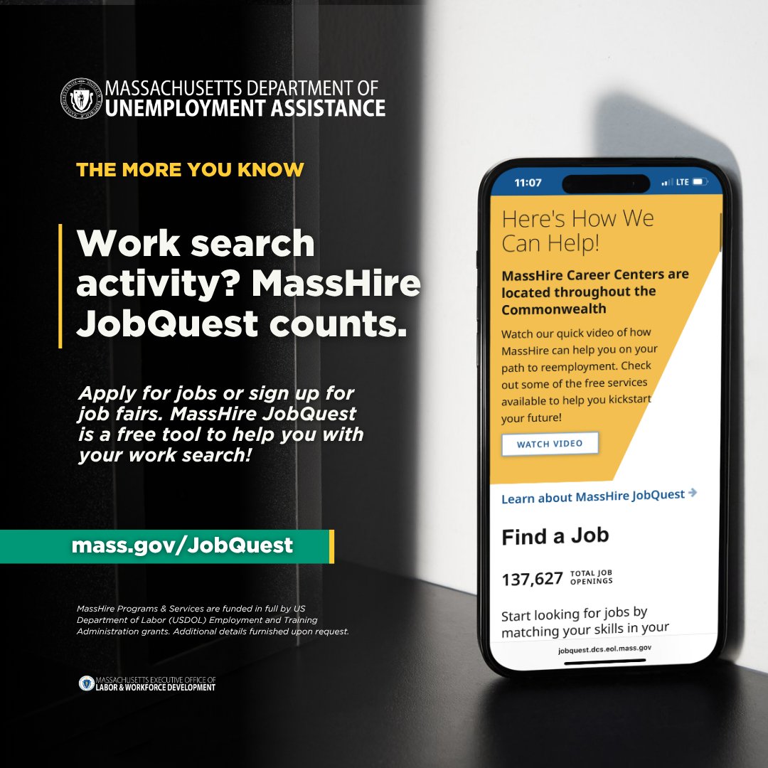Massachusetts Labor & Workforce Development (@masslwd) on Twitter photo Did you know applying for jobs or signing up for job fairs on MassHire JobQuest counts as a work search activity for UI benefits? 
It’s free, easy to use, and packed with resources to help you find your next job. 
👉 Mass.gov/JobQuest Did you know applying for jobs or signing up for job fairs on MassHire JobQuest counts as a work search activity for UI benefits? 
It’s free, easy to use, and packed with resources to help you find your next job. 
👉 Mass.gov/JobQuest