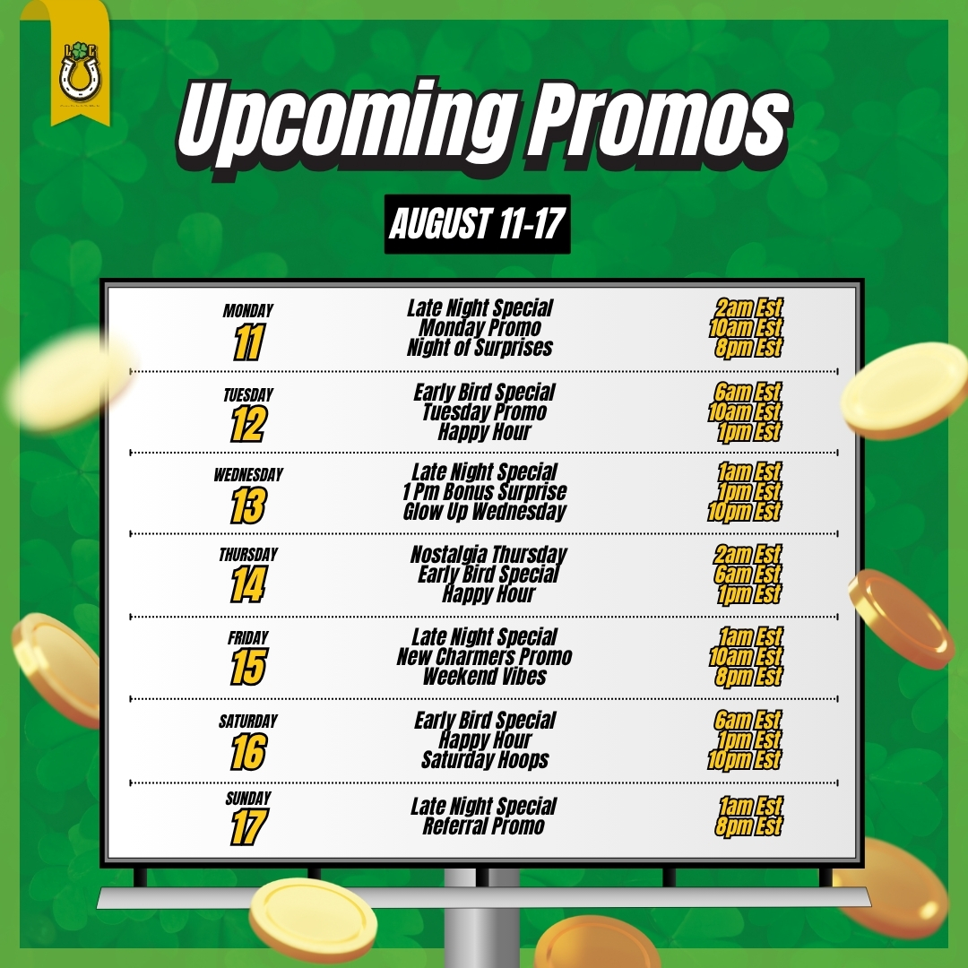 Lucky_Charmers_'s tweet image. Mark your calendars! Our August 11–17 promos are here with exciting specials every day, from Early Bird deals to Late Night surprises!
Which one are you looking forward to the most?
#WeeklyPromos #GameDeals #EarlyBirdSpecial #LateNightSpecial #BonusTime #GameOn #WinBig #Fun