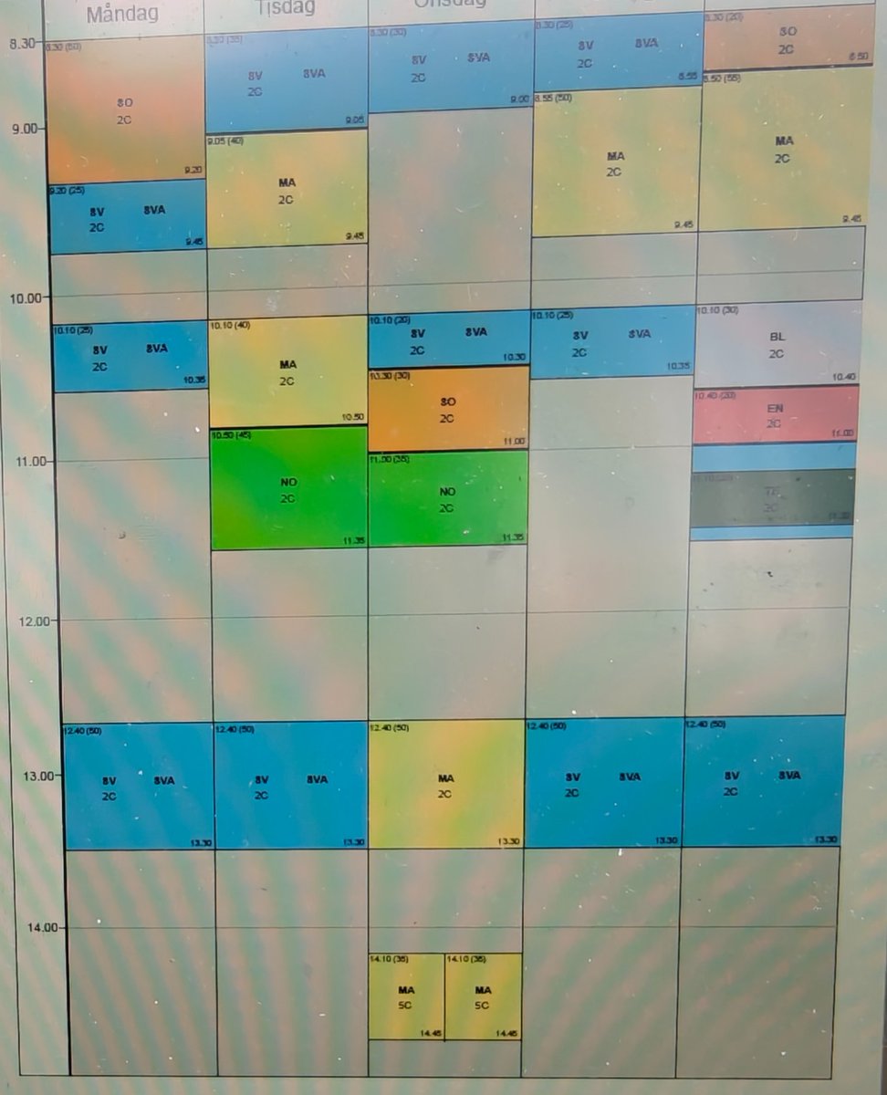 Schemat ser alltid bra ut på papperet. Sedan ska det till rastvärd, pedagogisk lunch, hjälpa barn i omklädningsrum, möten, studiestöd och annat vardagligt tjafs som händer. 

(Fredagar är fel har 3*30 min bild i olika klasser innan lunch)