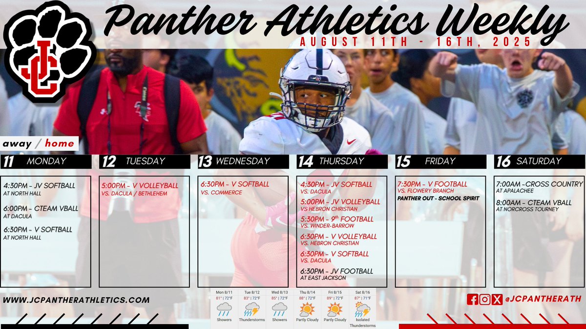 📅𝐏𝐚𝐧𝐭𝐡𝐞𝐫 𝐀𝐭𝐡𝐥𝐞𝐭𝐢𝐜𝐬 – 𝐓𝐡𝐢𝐬 𝐖𝐞𝐞𝐤’𝐬 𝐒𝐜𝐡𝐞𝐝𝐮𝐥𝐞
Get loud, wear your 𝐑𝐄𝐃 &amp; 𝐁𝐋𝐀𝐂𝐊, and support the 𝐏𝐀𝐍𝐓𝐇𝐄𝐑𝐒! 
🔴🐾⚫️#ProudtobeJC