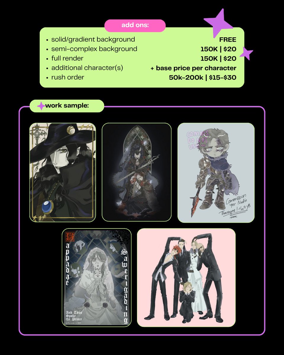 hello! i have a new comsheet so my complete coms are open now for local and international orders :D

for more info you can check the links below:
- exntrc.carrd.co
- vgen.co/exntrc

thank you again~ (*´ω`*)