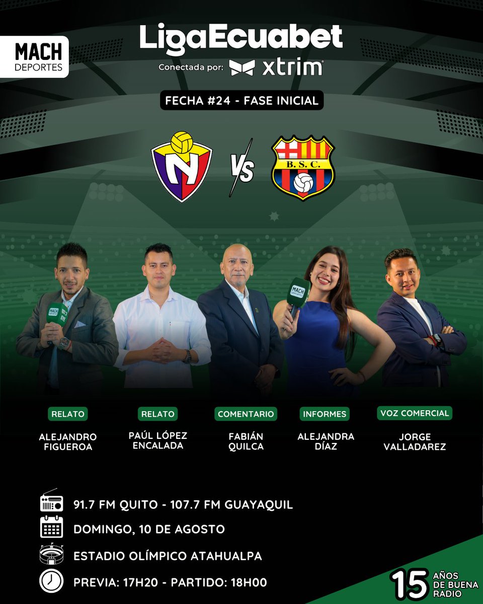 Machdeportes ✨ Gente Que Sabe De Radio (@machdeportesfm) on Twitter photo #LigaEcuabet 🇪🇨 | <a href="/elnacionalec/">Club Deportivo El Nacional</a> 🆚 <a href="/BarcelonaSC/">BARCELONA S.C.</a>
🎙️ Relatos: <a href="/LejoAF/">Lejo Figueroa R.</a> - <a href="/PaulLopezEc/">Paúl López Encalada 🖋️</a>
🎤 Comentarios: Fabian Quilca
📋 Borde de campo: <a href="/alediazt_/">Alejandra Diaz</a>
🎙️ Voz comercial: <a href="/JorgeDavidV10/">𝓙𝓸𝓻𝓰𝓮 𝓥𝓪𝓵𝓵𝓪𝓭𝓪𝓻𝓮𝔃</a>
Sigue este partidazo por la
📻 91.7 FM #quito - 107.7 FM #guayaquil
🤳🏻 #ladinastíacontinúa #LigaEcuabet 🇪🇨 | <a href="/elnacionalec/">Club Deportivo El Nacional</a> 🆚 <a href="/BarcelonaSC/">BARCELONA S.C.</a>
🎙️ Relatos: <a href="/LejoAF/">Lejo Figueroa R.</a> - <a href="/PaulLopezEc/">Paúl López Encalada 🖋️</a>
🎤 Comentarios: Fabian Quilca
📋 Borde de campo: <a href="/alediazt_/">Alejandra Diaz</a>
🎙️ Voz comercial: <a href="/JorgeDavidV10/">𝓙𝓸𝓻𝓰𝓮 𝓥𝓪𝓵𝓵𝓪𝓭𝓪𝓻𝓮𝔃</a>
Sigue este partidazo por la
📻 91.7 FM #quito - 107.7 FM #guayaquil
🤳🏻 #ladinastíacontinúa