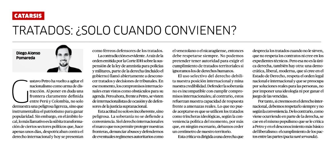 Parte de la derecha, que viene jugando a las vencidas, ayer llamaba a desconocer🚨los tratados, pero hoy son defensores de las acuerdos internacionales ¿Respetar tratados a conveniencia? ¿Dónde quedó el Estado de Derecho? ¿Sus incoherencias debilitan al Estado peruano? Véanlo👇